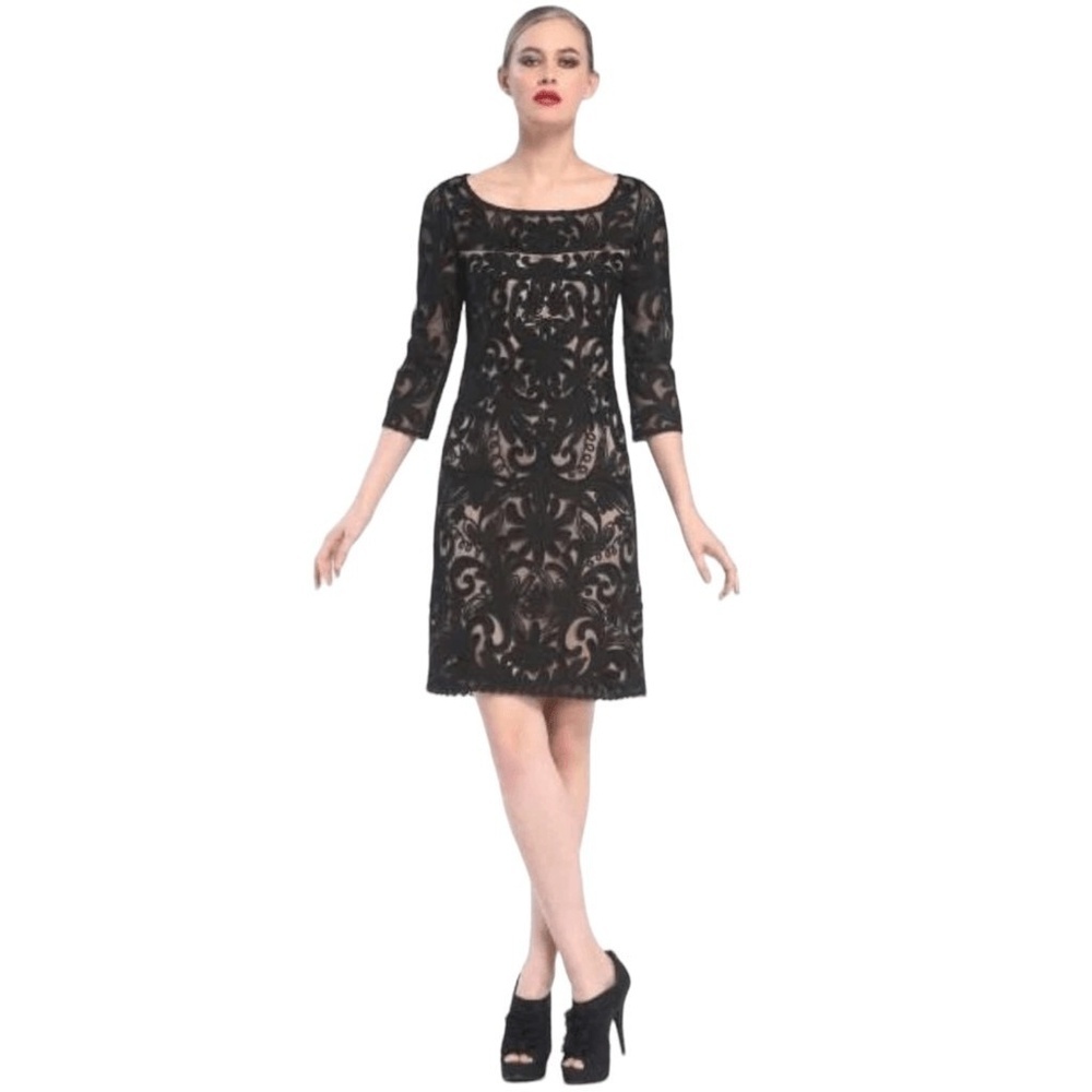 Sue Wong Embroidered Bateau Neck Column Dress Black and Nude Womens size 4